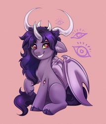 Size: 738x864 | Tagged: safe, artist:confetticakez, imported from derpibooru, oc, oc:sachiel, original species, pony, cloven hooves, demon wings, green sclera, horn, long mane, multiple eyes, multiple horns, purple hair, simple background, sitting, smiling, solo, wings