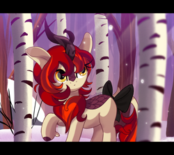 Size: 3040x2700 | Tagged: safe, artist:spookyle, imported from derpibooru, oc, oc only, oc:pumpkin patch, kirin, birch tree, bow, cloven hooves, female, kirin oc, snow, solo, tail, tail bow, tree, winter