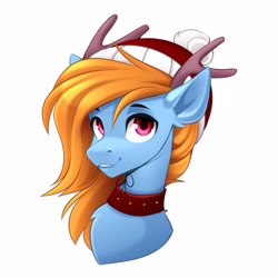 Size: 2560x2560 | Tagged: safe, artist:buvanybu, imported from derpibooru, oc, oc only, oc:comet dasher, pony, antlers, christmas, collar, hat, holiday, santa hat, simple background, solo, white background