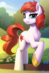 Size: 512x768 | Tagged: safe, editor:omnixious, imported from derpibooru, oc, oc only, oc:scarlet mallow, earth pony, pony, ai content, ai generated, chest fluff, female, garden, generator:novelai, generator:stable diffusion, lidded eyes, looking at you, mare, smiling, solo