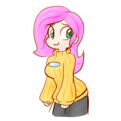 Size: 900x900 | Tagged: safe, artist:zutcha, imported from derpibooru, fluttershy, human, :t, among us, breasts, busty fluttershy, clothes, keyhole turtleneck, looking back, simple background, smiling, solo, sweater, sweatershy, turtleneck, white background