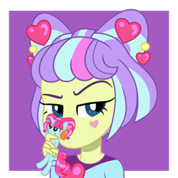 Size: 1920x1920 | Tagged: safe, artist:grapefruit-face, imported from derpibooru, kiwi lollipop, supernova zap, human, pony, equestria girls, base used, duo, equestria girls ponified, human on pony action, interspecies, k-lo, licking, licking ponies, looking at you, micro, ponified, postcrush, pun, su-z, tongue out, unamused, visual pun