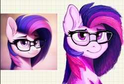 Size: 1865x1261 | Tagged: safe, artist:spark, imported from derpibooru, twilight sparkle, alicorn, pony, ai assisted, ai content, ai generated, background pony, copy and paste, duo, ear fluff, looking at you, redraw, smiling, twilight sparkle (alicorn)