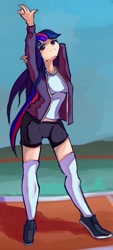Size: 961x2124 | Tagged: safe, artist:solid shrimp, imported from derpibooru, twilight sparkle, human, clothes, female, humanized, jacket, shoes, socks, solo, sports, stretching, thigh highs