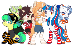 Size: 5045x3160 | Tagged: safe, artist:ayamiiii, artist:emperor-anri, imported from derpibooru, oc, oc only, oc:baja blaster, oc:bleach pone, oc:cola popper, oc:dew springs, oc:fruity fizz (fanta), oc:tide pone, alicorn, earth pony, pony, unicorn, alicorn oc, bandaid, bandaid on nose, base used, baseball cap, bipedal, cap, clothes, commission, crossed arms, dress, ear piercing, earring, fangs, female, femboy, flower, flower in hair, hat, headphones, hoodie, horn, horns, hug, jewelry, lip piercing, male, mare, markings, multicolored hair, nose piercing, nose ring, piercing, raised hoof, shirt, shorts, siblings, simple background, sisters, sitting, smiling, smirk, socks, striped socks, sweater, t-shirt, tattoo, transparent background, wall of tags, wings, ych result