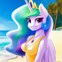 Size: 1024x1024 | Tagged: safe, derpibooru exclusive, editor:dovakkins, imported from derpibooru, princess celestia, alicorn, anthro, ai content, ai generated, beach, beautiful, breasts, busty princess celestia, cleavage, clothes, female, generator:stable diffusion, happy, jewelry, looking at you, ocean, one-piece swimsuit, regalia, sand, smiling, solo, swimsuit, water, wings