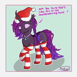 Size: 2500x2500 | Tagged: safe, artist:solos, imported from derpibooru, oc, oc only, oc:coco (changeling), changeling, changeling queen, blushing, changeling oc, christmas, christmas changeling, clothes, female, hat, holiday, purple changeling, santa hat, shy, socks, striped socks, text