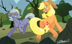 Size: 7278x4445 | Tagged: safe, artist:slightningdash, imported from derpibooru, applejack, limestone pie, pony, angry, butt, commission, evil grin, female, fight, grin, gritted teeth, hat, looking at each other, looking at someone, mare, plot, smiling, smirk, teeth, tree, underhoof, vs