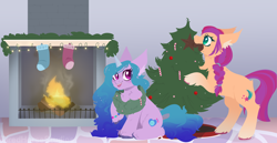 Size: 4376x2250 | Tagged: safe, artist:tired-horse-studios, imported from derpibooru, izzy moonbow, sunny starscout, earth pony, pony, unicorn, candy, candy cane, christmas, christmas lights, christmas stocking, christmas tree, fire, fireplace, food, g5, hearth's warming tree, holiday, tree