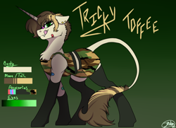 Size: 5650x4093 | Tagged: safe, imported from derpibooru, oc, oc only, oc:tricky toffee, coffee pony, pony, unicorn, camouflage, clothes, fangs, female, gradient background, mare, reference sheet, skirt, socks, solo, thigh highs