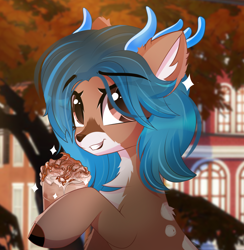 Size: 2450x2509 | Tagged: safe, artist:janelearts, imported from derpibooru, oc, oc:alune, deer, deer pony, original species, autumn, bust, coffee, commission, deer oc, looking at you, non-pony oc, portrait, smiling, smiling at you, solo, tree, ych result