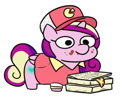 Size: 746x616 | Tagged: safe, artist:jargon scott, imported from derpibooru, princess cadance, alicorn, pony, cadance's pizza delivery, cap, female, food, hat, mare, meat, peetzer, pepperoni, pepperoni pizza, pizza, pizza box, simple background, solo, squatpony, that pony sure does love pizza, white background