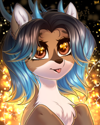 Size: 2000x2500 | Tagged: safe, artist:hakaina, imported from derpibooru, oc, oc only, oc:alune, deer, deer pony, original species, bust, cute, deer oc, lights, non-pony oc, portrait, solo, tongue out