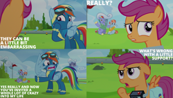 Size: 4400x2475 | Tagged: safe, edit, edited screencap, editor:quoterific, imported from derpibooru, screencap, bow hothoof, rainbow dash, scootaloo, windy whistles, parental glideance, bag, camera, saddle bag