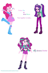 Size: 830x1266 | Tagged: safe, artist:prettycelestia, imported from twibooru, aria blaze, hairpin turn, pinkie pie, boots, clothes, fusion, fusion:serena orchid, gem, high heel boots, image, jacket, jewelry, png, ring, shoes, siren gem