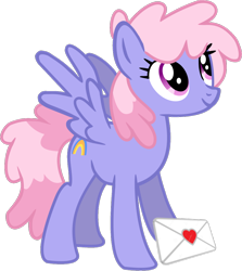 Size: 906x1014 | Tagged: artist needed, safe, imported from twibooru, rainbowshine, pegasus, pony, cute, female, heart, image, letter, love letter, mare, png, simple background, smiling, solo, spread wings, standing, transparent background, wings