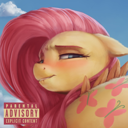 Size: 900x900 | Tagged: safe, artist:starblaze25, imported from twibooru, fluttershy, pegasus, pony, /mlp/, 4chan, blushing, butt, cloud, cropped, female, floppy ears, flutterbutt, image, lip bite, looking at you, looking back, looking back at you, mare, parental advisory label, png, solo, t:em/p/o