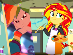 Size: 4096x3072 | Tagged: safe, edit, edited screencap, editor:gay-horse, editor:itsmgh1203, imported from derpibooru, screencap, rainbow dash, rose heart, sunset shimmer, human, eqg summertime shorts, equestria girls, raise this roof, the art of friendship, apron, belt, boots, breasts, clothes, cute, cutie mark on clothes, duo, duo female, duo focus, exploitable meme, faic, fall formal outfits, female, jacket, leather, leather jacket, lesbian, meme, painting, sexy, shimmerbetes, shipping, shoes, sleeveless, smiling, smirk, smug, smugdash, sunset's painting, sunsetdash, sweet dreams fuel