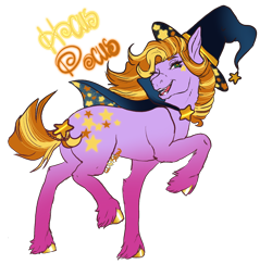 Size: 1818x1765 | Tagged: safe, artist:califrank, imported from derpibooru, oc, earth pony, pony, butt, cloak, clothes, colored hooves, female, g3, g5, gold hooves, gradient mane, green eyes, hat, hooves, jewelry, mare, offspring, one eye closed, parent:abra-ca-dabra, parent:sunny starscout, plot, purple coat, short tail, simple background, solo, stars, tail, tail jewelry, transparent background, wink, witch, witch hat