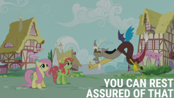 Size: 1920x1080 | Tagged: safe, edit, edited screencap, editor:quoterific, imported from derpibooru, screencap, discord, fluttershy, tree hugger, draconequus, make new friends but keep discord