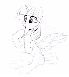 Size: 2001x2241 | Tagged: safe, artist:taneysha, imported from derpibooru, twilight sparkle, alicorn, pony, bandaid, bandaid on nose, chest fluff, eye clipping through hair, eyebrows, eyebrows visible through hair, female, mare, monochrome, simple background, sitting, sketch, slim, solo, spread wings, twilight sparkle (alicorn), uh oh, white background, wings