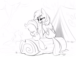 Size: 2900x2184 | Tagged: safe, artist:taneysha, imported from derpibooru, rainbow dash, scootaloo, pegasus, pony, blank flank, campfire, female, filly, foal, log, mare, monochrome, simple background, sitting, sketch, spread wings, tent, tree, white background, wings