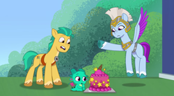 Size: 3300x1841 | Tagged: safe, imported from derpibooru, screencap, hitch trailblazer, earth pony, pegasus, pony, spoiler:g5, spoiler:my little pony: tell your tale, spoiler:tyts01e34, cake, female, flying, food, g5, guardsmare, male, mare, my little pony: tell your tale, pegasus royal guard, royal guard, sneaksy strikes again, sparky sparkeroni, stallion, zoom zephyrwing