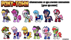 Size: 1920x1080 | Tagged: safe, artist:topsangtheman, imported from derpibooru, berry punch, berryshine, cloud kicker, jonagold, kerfuffle, lightning bolt, marmalade jalapeno popette, merry may, peachy sweet, rainbowshine, white lightning, zipp storm, oc, oc:lavender adagio, oc:noomi, oc:watermelana, alicorn, earth pony, hybrid, pegasus, pony, rabbit, unicorn, animal, apple family member, clothes, costume, g5, halloween, halloween costume, holiday, pirate, simple background, transparent background, witch