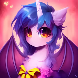 Size: 1024x1024 | Tagged: safe, imported from derpibooru, oc, unnamed oc, bat pony, pony, abstract background, ai content, ai generated, anatomically incorrect, anime, anime style, bat wings, big eyes, blue mane, bow, chest fluff, cute, ear fluff, eyelashes, female, generator:purplesmart.ai, generator:stable diffusion, horn, looking at you, mare, prompter:nightluna, solo, watermark, wings