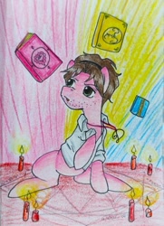 Size: 796x1097 | Tagged: safe, artist:mintytreble, imported from derpibooru, earth pony, pony, book, candle, crossover, darling, magic, magic circle, ponified, sucker for love, summoning, summoning circle, traditional art