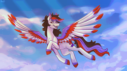 Size: 4200x2362 | Tagged: safe, artist:dimwitdog, imported from derpibooru, oc, oc only, pegasus, cloud, colored wings, explicit source, flying, multicolored hair, multicolored mane, multicolored wings, simple background, sky, solo, wings