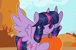 Size: 1900x1240 | Tagged: safe, artist:twilightbaby2020, imported from derpibooru, twilight sparkle, alicorn, pony, autumn, base used, female, hoof hold, mare, outline, pumpkin, solo, spread wings, twilight sparkle (alicorn), wings