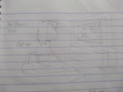 Size: 4160x3120 | Tagged: safe, artist:valuable ashes, imported from derpibooru, oc, oc only, oc:valuable ashes, earth pony, pony, bed, blanket, lined paper, pillow, sitting, solo, television, traditional art