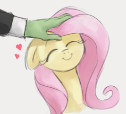 Size: 1026x929 | Tagged: safe, artist:dotkwa, imported from derpibooru, fluttershy, oc, oc:anon, human, pegasus, pony, bust, cute, disembodied hand, eyes closed, female, floating heart, floppy ears, gray background, hand, head pat, heart, human on pony petting, male, mare, offscreen character, pat, petting, shyabetes, simple background, smiling, solo focus