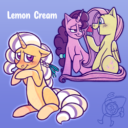 Size: 2048x2048 | Tagged: safe, artist:saggiemimms, imported from derpibooru, fluttershy, sugar belle, oc, oc:lemon cream, pegasus, pony, unicorn, blue background, blushing, cupcake, female, food, lesbian, magical lesbian spawn, mare, offspring, parent:fluttershy, parent:sugar belle, parents:sugarshy, shipping, simple background, smiling, sugarshy