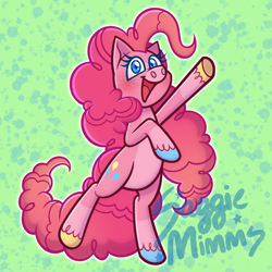 Size: 2048x2048 | Tagged: safe, artist:saggiemimms, imported from derpibooru, pinkie pie, earth pony, pony, abstract background, bipedal, colored hooves, female, freckles, greeting, high res, looking at you, mare, open mouth, open smile, raised hoof, smiling, solo