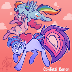 Size: 2048x2048 | Tagged: safe, artist:saggiemimms, imported from derpibooru, pinkie pie, rainbow dash, oc, oc:confetti cannon, earth pony, pegasus, pony, carrying, female, flying, grin, lesbian, magical lesbian spawn, mare, offspring, parent:pinkie pie, parent:rainbow dash, parents:pinkiedash, pinkiedash, shipping, smiling