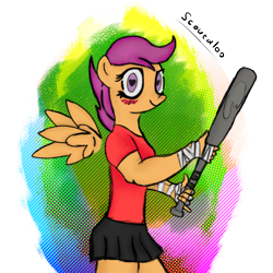 Size: 2160x2160 | Tagged: safe, artist:fizzlepopsunset, imported from derpibooru, scootaloo, anthro, pegasus, abstract background, baseball bat, clothes, scout, simple background, skirt, skirtaloo, solo, team fortress 2, transparent background