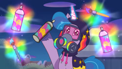 Size: 3072x1727 | Tagged: safe, imported from derpibooru, screencap, izzy moonbow, pony, unicorn, spoiler:g5, spoiler:my little pony: tell your tale, spoiler:tyts01e34, clothes, female, g5, gas mask, goggles, high res, hoodie, magic, mare, mask, my little pony: tell your tale, night, sneaksy, sneaksy strikes again, solo, telekinesis, wingding eyes, youtube link