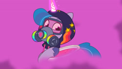 Size: 3072x1727 | Tagged: safe, imported from derpibooru, screencap, izzy moonbow, pony, unicorn, spoiler:g5, spoiler:my little pony: tell your tale, spoiler:tyts01e34, clothes, female, g5, gas mask, goggles, high res, hoodie, magic, mare, mask, my little pony: tell your tale, night, sneaksy, sneaksy strikes again, solo, telekinesis, youtube link