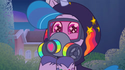 Size: 3072x1727 | Tagged: safe, imported from derpibooru, screencap, izzy moonbow, pony, unicorn, spoiler:g5, spoiler:my little pony: tell your tale, spoiler:tyts01e34, clothes, female, g5, gas mask, goggles, high res, hoodie, mare, mask, my little pony: tell your tale, night, sneaksy, sneaksy strikes again, solo, starry eyes, wingding eyes, youtube link