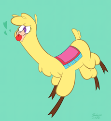 Size: 969x1055 | Tagged: safe, artist:xtremersadiq, imported from derpibooru, alpaca, them's fightin' herds, :p, cloven hooves, community related, female, floating heart, green background, heart, paprika (tfh), signature, silly, silly face, simple background, solo, tongue out