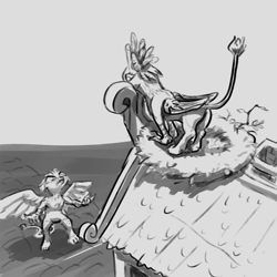 Size: 1280x1280 | Tagged: safe, artist:ciborgen, imported from derpibooru, griffon, bipedal, butt, monochrome, nest, plot