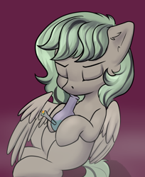 Size: 1796x2200 | Tagged: safe, artist:dumbwoofer, imported from derpibooru, oc, oc:forest air, pegasus, pony, bong, drugs, ear fluff, eyes closed, female, high, mare, marijuana, pegasus oc, simple background, sitting, smoking, solo, stoned