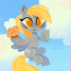 Size: 2236x2236 | Tagged: safe, artist:shugrcube, imported from derpibooru, derpy hooves, pegasus, pony, cloud, female, food, hoof hold, mare, muffin, smiling, solo