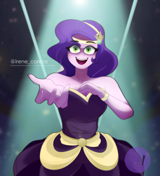 Size: 3100x3400 | Tagged: safe, artist:diamondgreenanimat0, imported from derpibooru, pipp petals, human, equestria girls, clothes, dress, equestria girls-ified, eye clipping through hair, female, g5, g5 to equestria girls, generation leap, green eyes, hand, hand on chest, looking at you, movie reference, open mouth, open smile, purple hair, redraw, simple background, smiling, solo