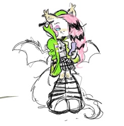 Size: 991x1009 | Tagged: safe, artist:shugrcube, imported from derpibooru, fluttershy, anthro, bat pony, antonymph, bat ponified, boots, cellphone, clothes, ear piercing, earring, emo, eyeshadow, flip phone, flutterbat, fluttgirshy, gir, hoodie, jewelry, lidded eyes, looking down, makeup, phone, piercing, race swap, shirt, shoes, simple background, skirt, solo, traditional art, vylet pony, white background