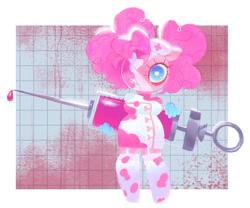 Size: 964x801 | Tagged: safe, artist:shugrcube, imported from derpibooru, pinkie pie, anthro, earth pony, unguligrade anthro, bandage, blood, clothes, costume, dress, female, garter belt, gloves, halloween, halloween costume, hat, holiday, looking at you, needle, nurse hat, nurse outfit, one eye covered, solo, stockings, syringe, thigh highs