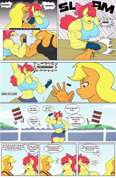 Size: 2012x3072 | Tagged: safe, artist:matchstickman, imported from derpibooru, apple bloom, applejack, anthro, earth pony, tumblr:where the apple blossoms, apple bloom's bow, apple brawn, applejacked, arm wrestling, armpits, biceps, bow, breasts, busty apple bloom, busty applejack, clothes, comic, crowd, deltoids, dialogue, emanata, female, gritted teeth, hair bow, mare, matchstickman's apple brawn series, muscles, muscular female, older, older apple bloom, pecs, speech bubble, table, teeth, thighs, thunder thighs, tumblr comic