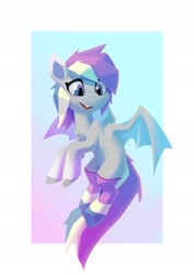 Size: 1552x2192 | Tagged: safe, artist:senaelik, imported from derpibooru, oc, oc only, bat pony, pony, bat pony oc, chest fluff, clothes, flying, open mouth, open smile, smiling, socks, solo, spread wings, striped socks, thigh highs, wings